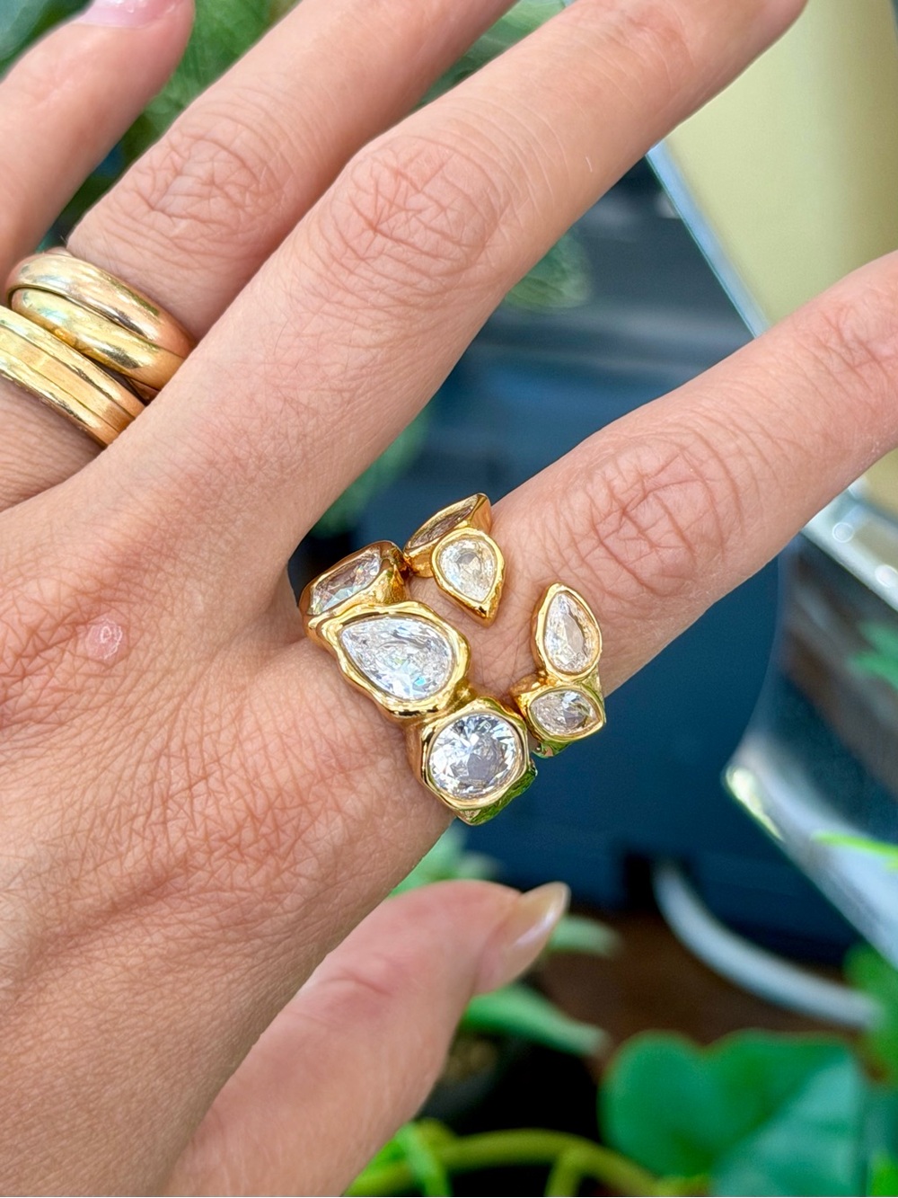 New Gold Tone Front-Opening Teardrop Crystal Cuff Ring — Adjustable Fit US Sizes